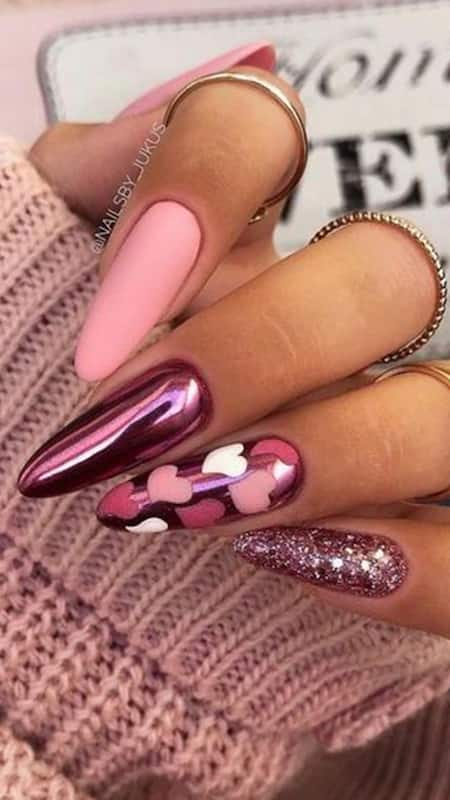 Metallic Love Whispers: A fusion of soft pink and bold metallic hues, these nails mix textures and shades to create a modern love story.