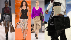 four runway images of large work bags from recent designer shows 