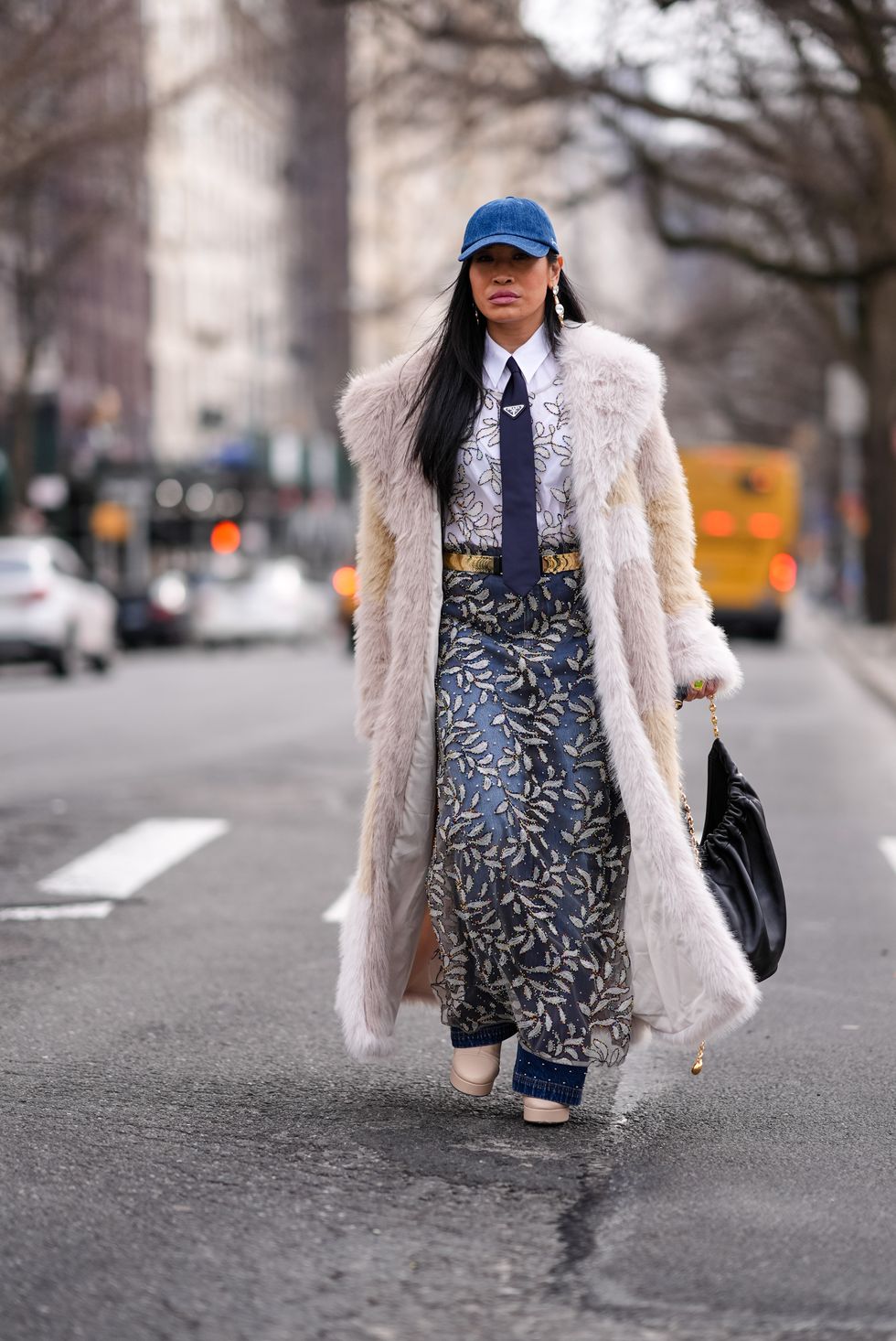 woman in a furry coat new york fashion week