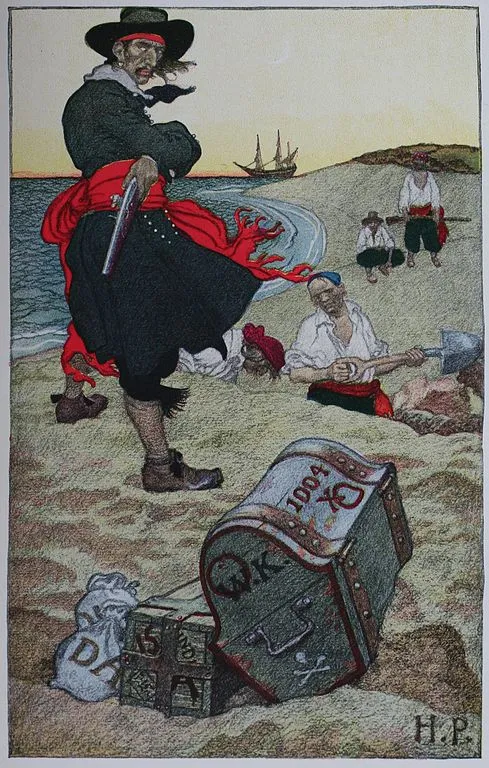 An artist's impression showing Captian Kidd burying hidden treasure looted from other ships