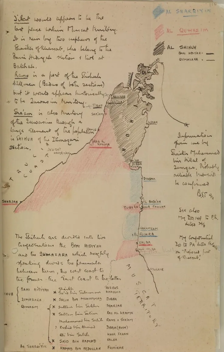 A hand-written map by British diplomat and soldier Bertram Thomas said to reveal the lost city's location