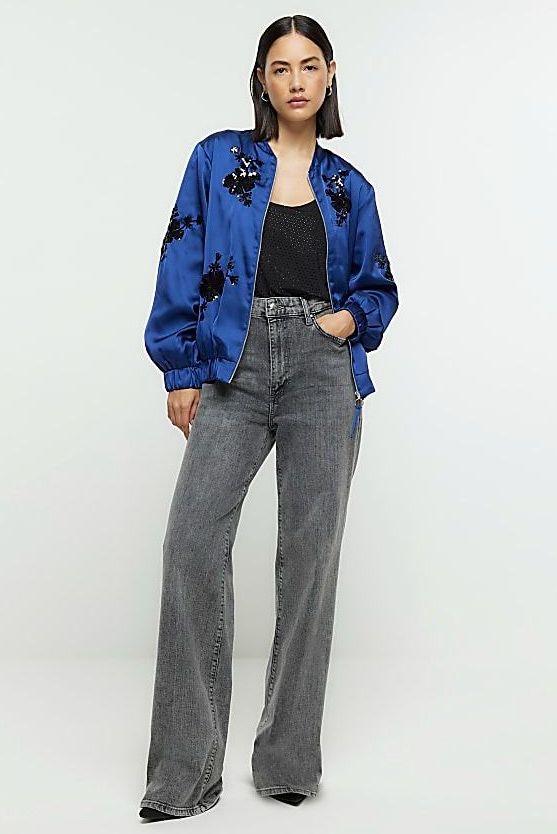 Navy Satin Embellished Bomber Jacket