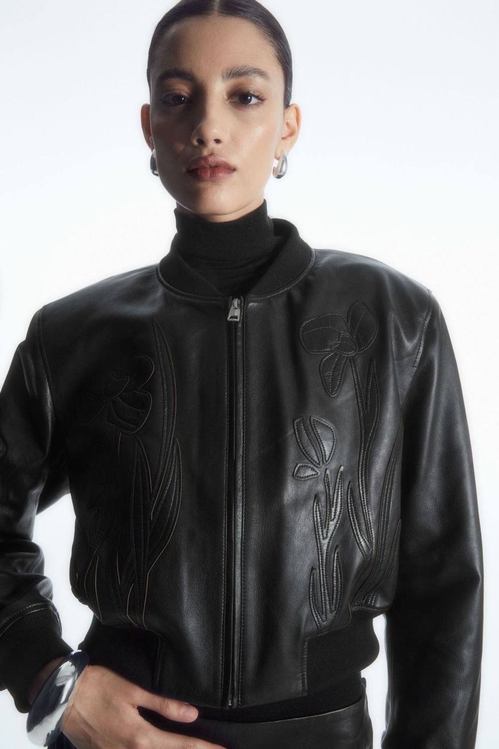 Oversized Appliquéd Leather Bomber Jacket