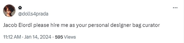 Fans on X - formerly Twitter - adored Elordi's bag collection, asking to be his designer bag curator