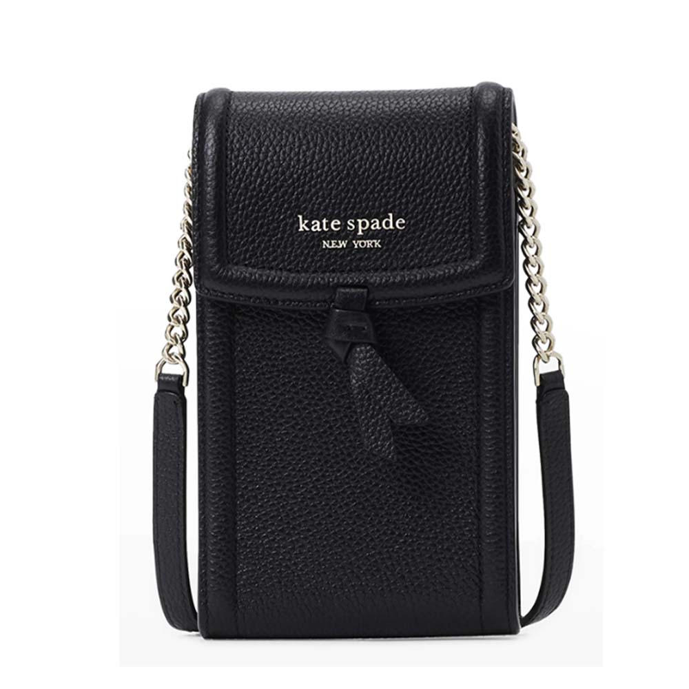 black leather phone crossbody bag with silver chain straps