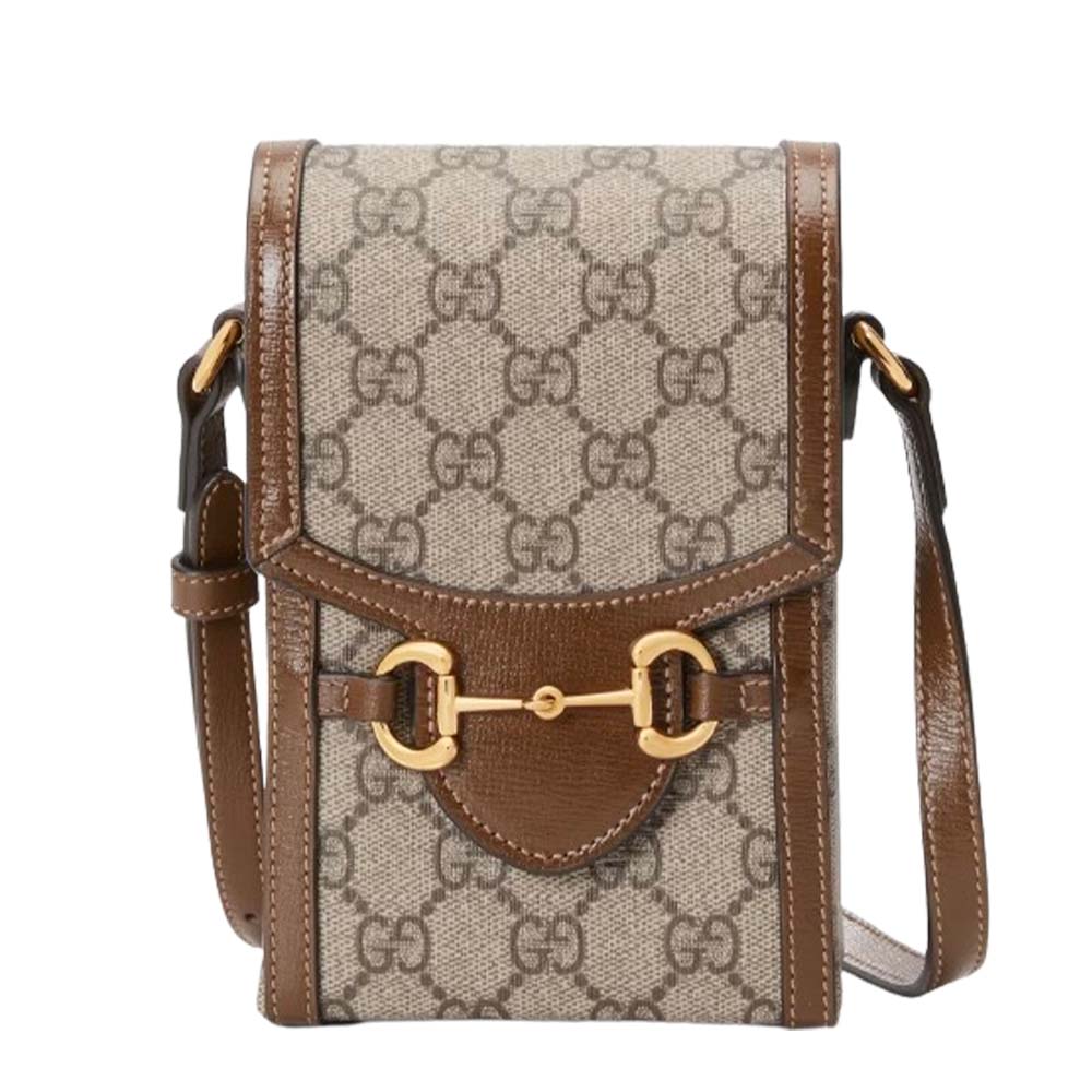 beige canvas logo print phone crossbody bag with gold chain embellishment