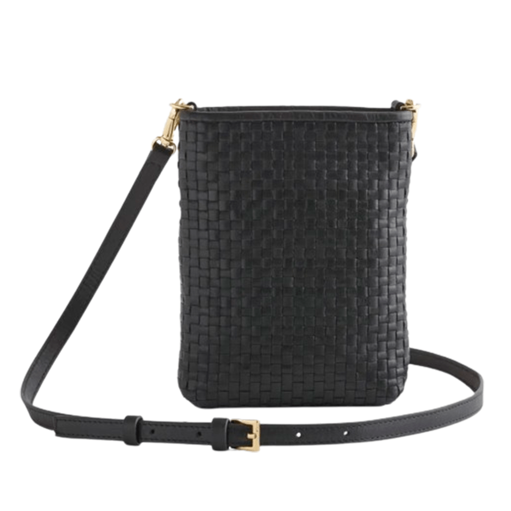 black woven leather phone crossbody bag