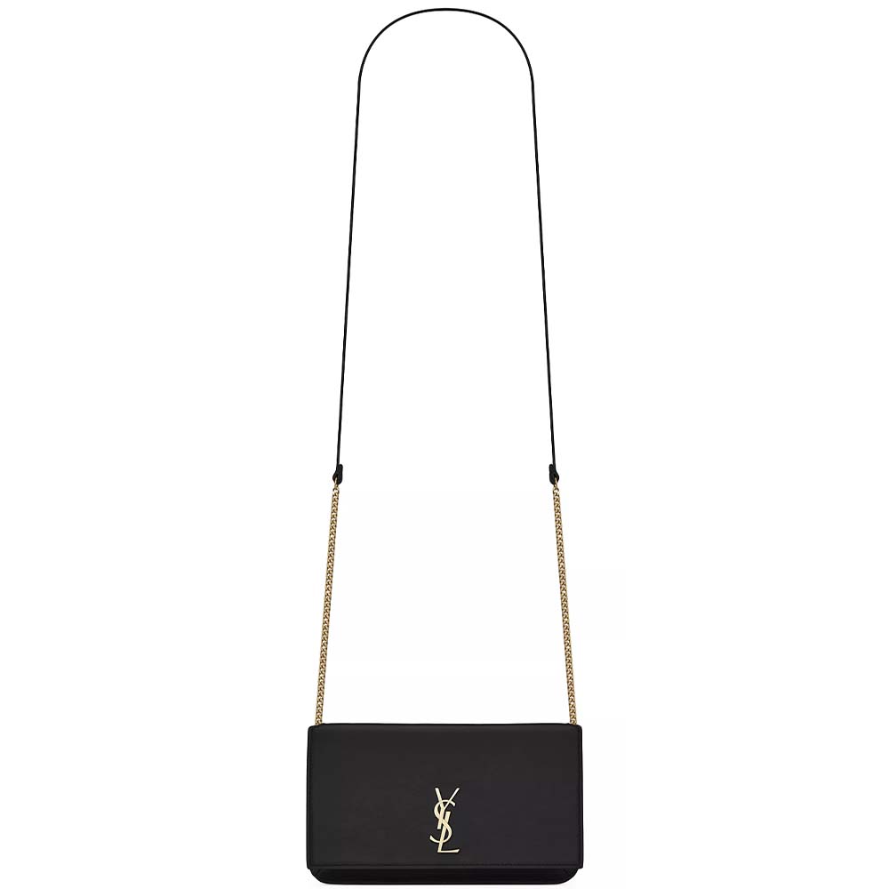 black leather flap closure phone crossbody bag with long chain straps