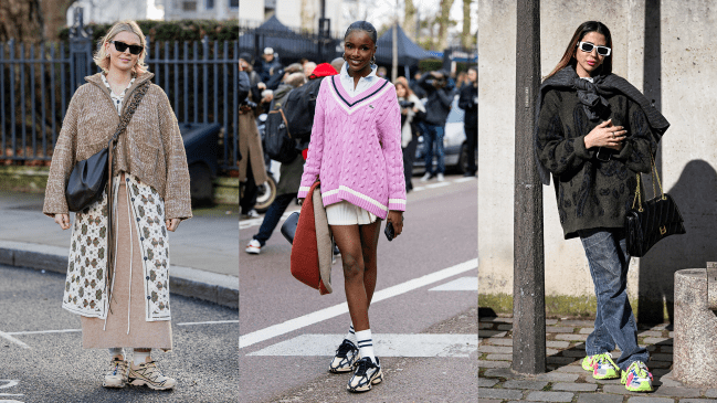 Three street styles tars wearing chunky running shoes with different outfits