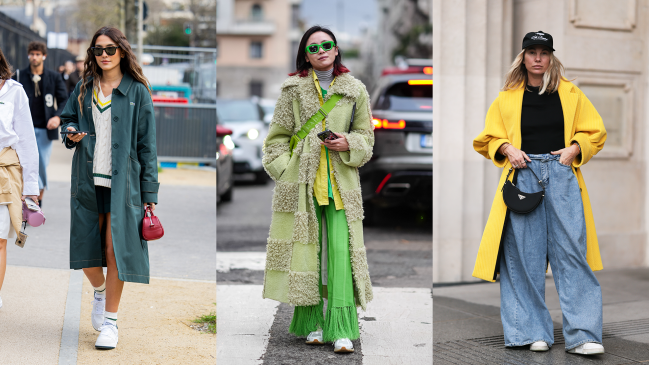 Three street style stars wearing knit white sneakers with different outfits