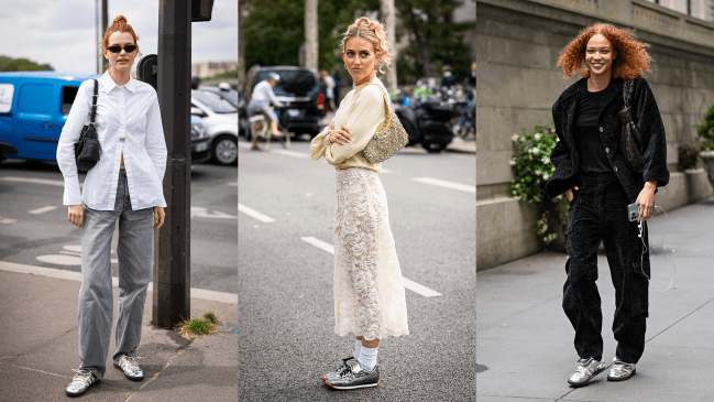 Three street style stars wearing silver metallic tennis shoes with different outfits