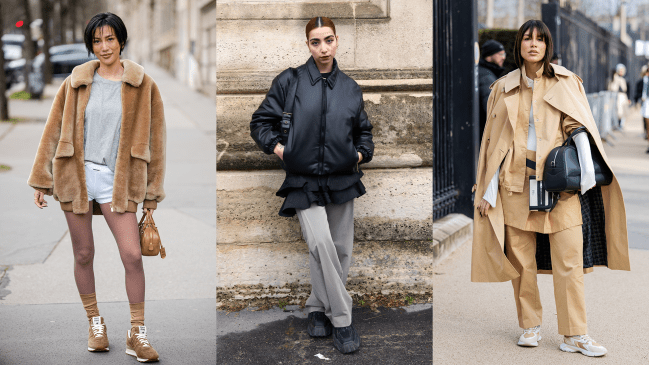 Three street style stars wearing neutral outfits (brown, black, and beige) with matching sneakers