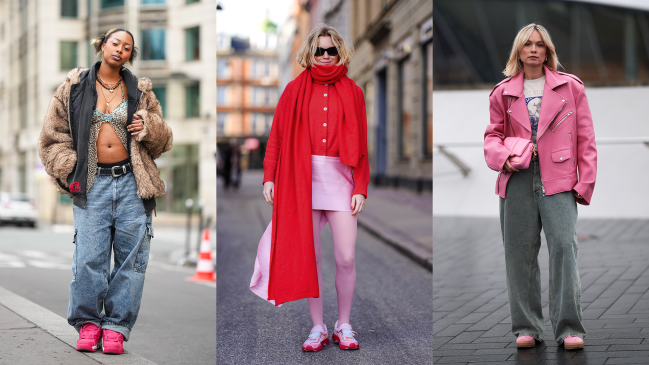 Three street style stars wearing pink sneakers with different outfits