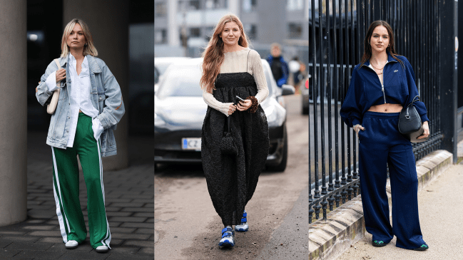 Three street style stars wearing slip-on or Velcro sneakers with different outfits