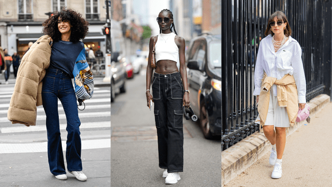 Three street style stars wearing solid white sneakers with different outfits