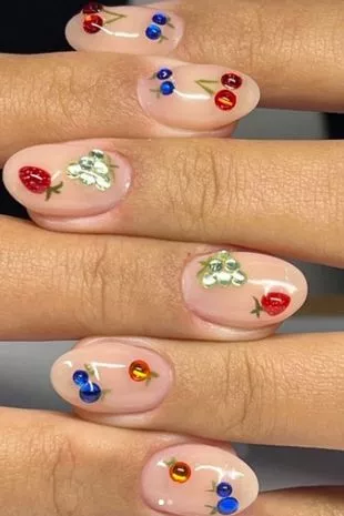 3D gem fruit print nails