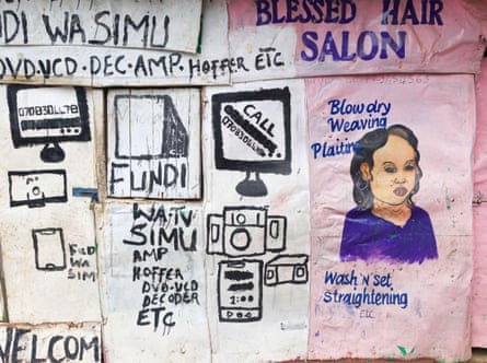 Blue lettering on a pink background reads 'Blessed Hair Salon' and lists services including blow dry, weaving, plaiting, wash'n'set and straightening around a picture of a woman with wavy shoulder-length hair.