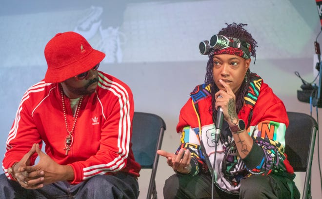 (L-R) Athens artists Amun-Ra and LB during the audience Q&A at the Fresh Dressed hip hop fashion event at Cine in Athens, Ga. on Saturday, Mar. 30, 2024.