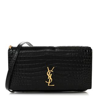 Saint Laurent Crocodile Embossed Monogram Phone Holder Crossbody Black