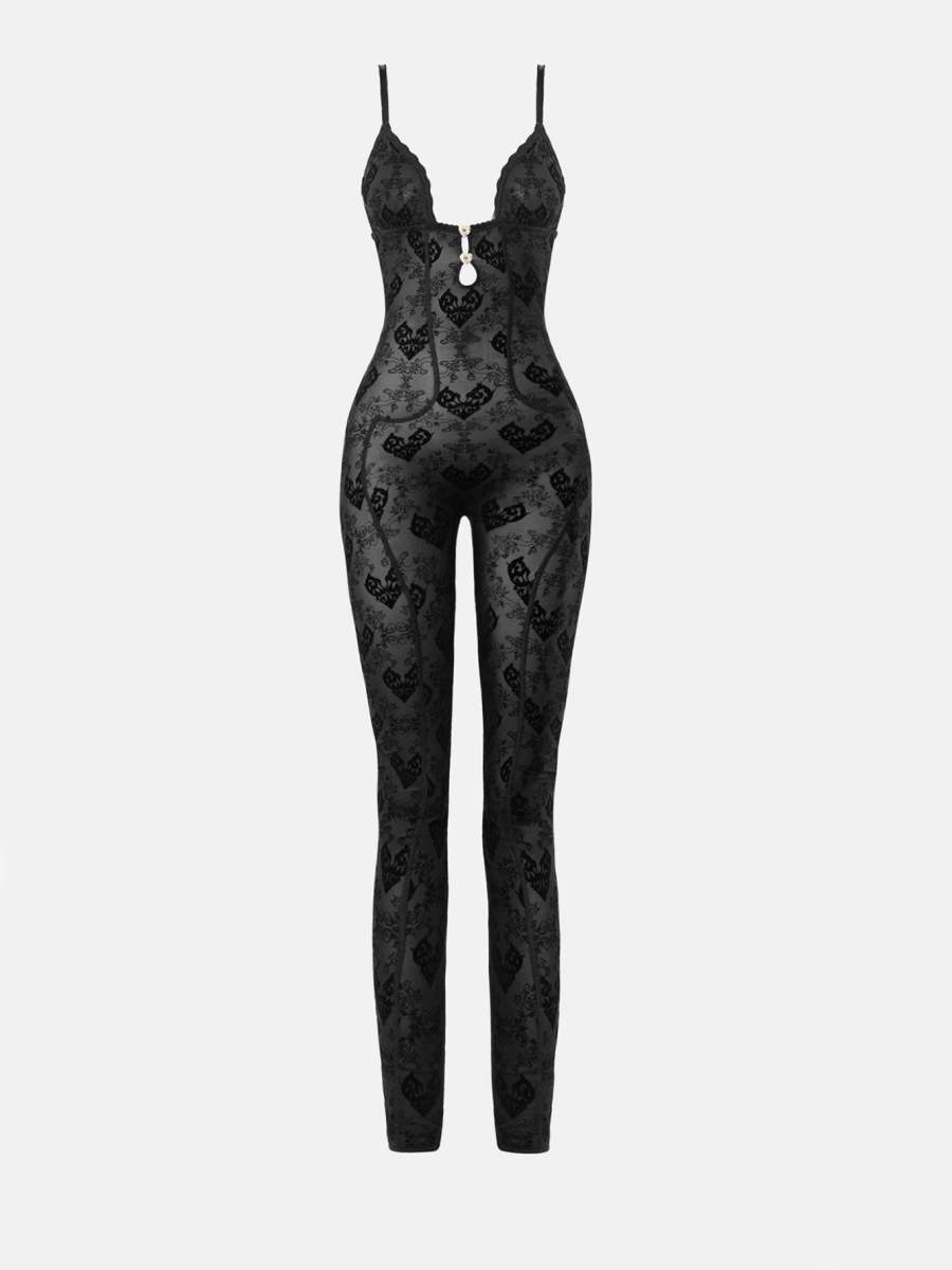 Poster Girl Scarlett Jumpsuit Flocked Mesh Black