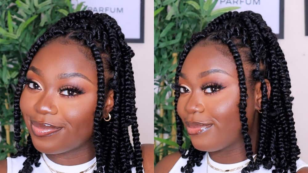 Black shoulder-length passion twists