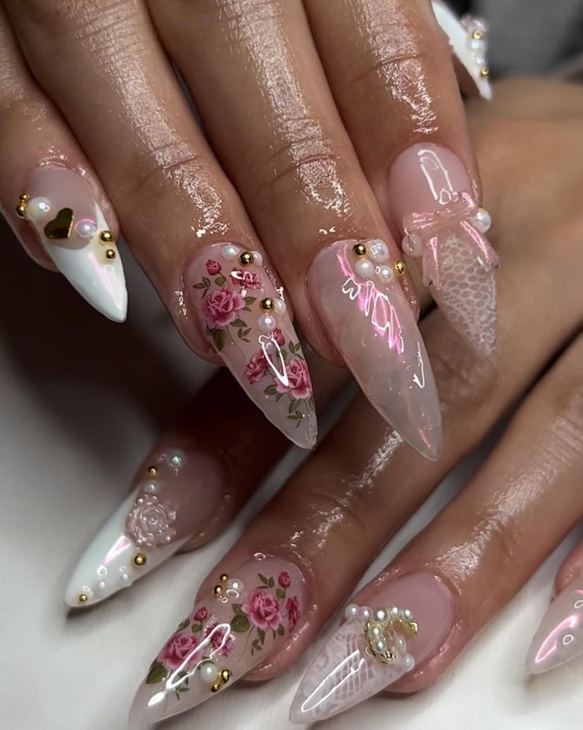 These pink princesscore nails are inspired by 'Bridgerton.'