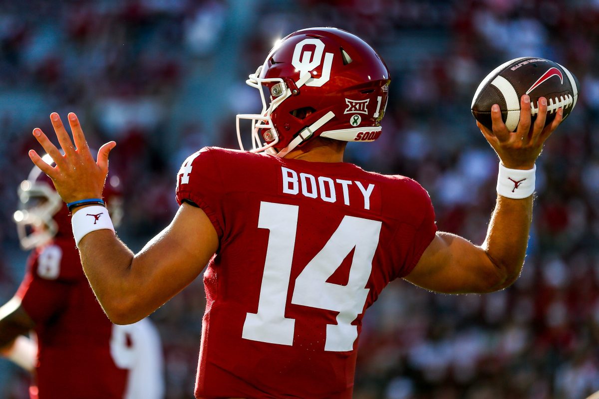 Oklahoma’s General Booty (14) warms up before an NCAA football game between University of Oklahoma (OU) and Iowa State at the Gaylord Family Oklahoma Memorial Stadium in Norman, Okla., on Saturday, Sept. 30, 2023.