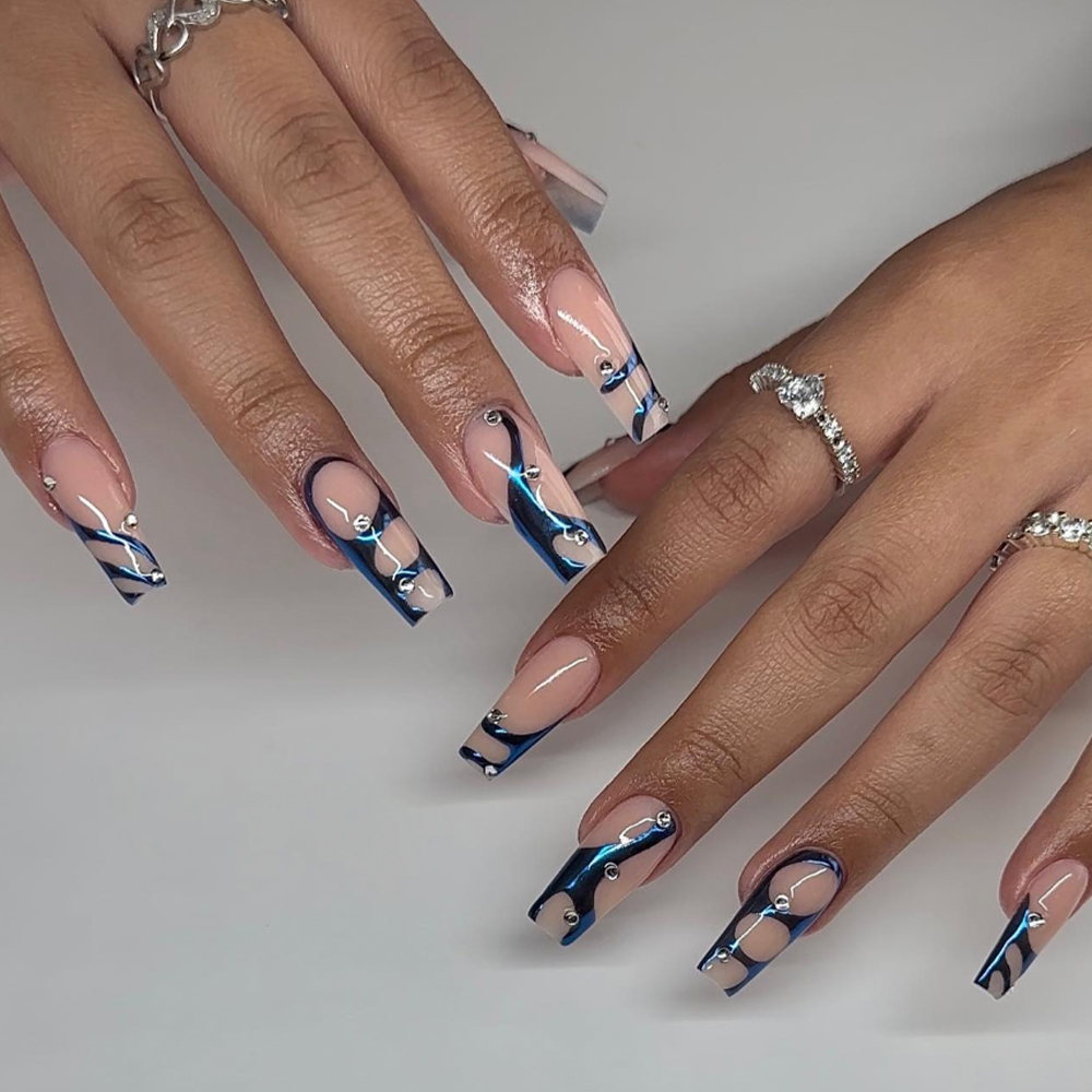 blue chrome abstract nails