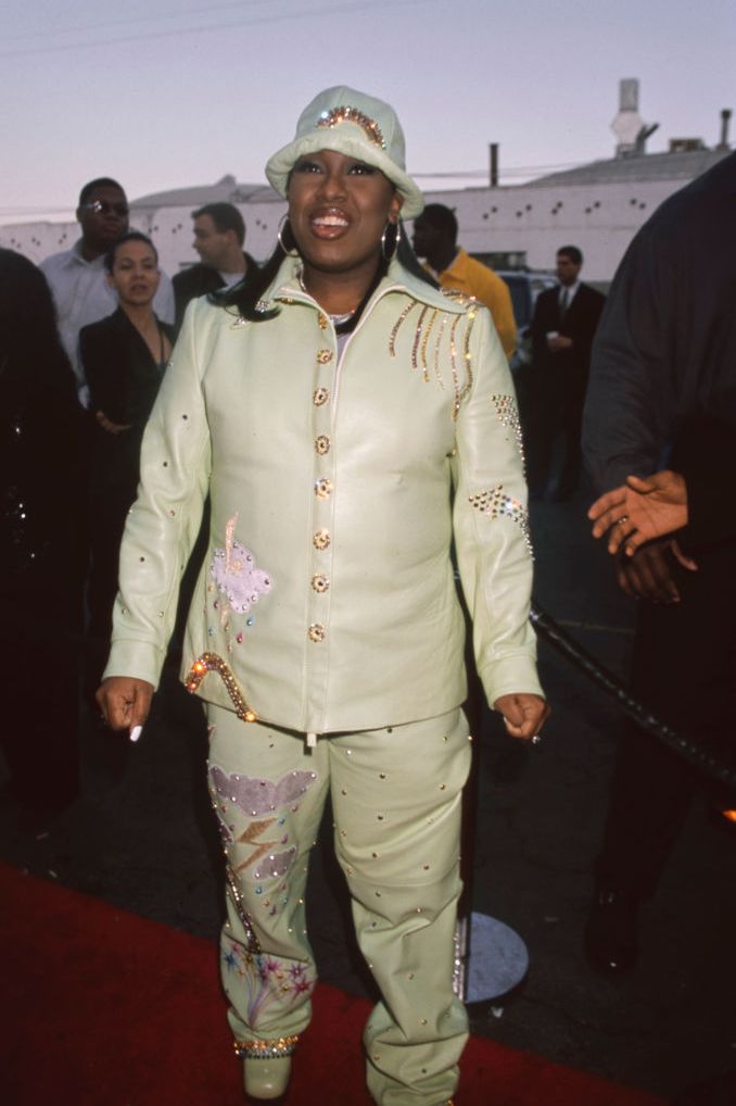 american singer, rapper, songwriter and record producer missy elliott, wearing a pistachio tracksuit and matching hat, both with gold embellishments, attends the 1999 soul train music awards, held at the shrine auditorium in los angeles, california, 26th march 1999 photo by vinnie zuffantemichael ochs archivesgetty images