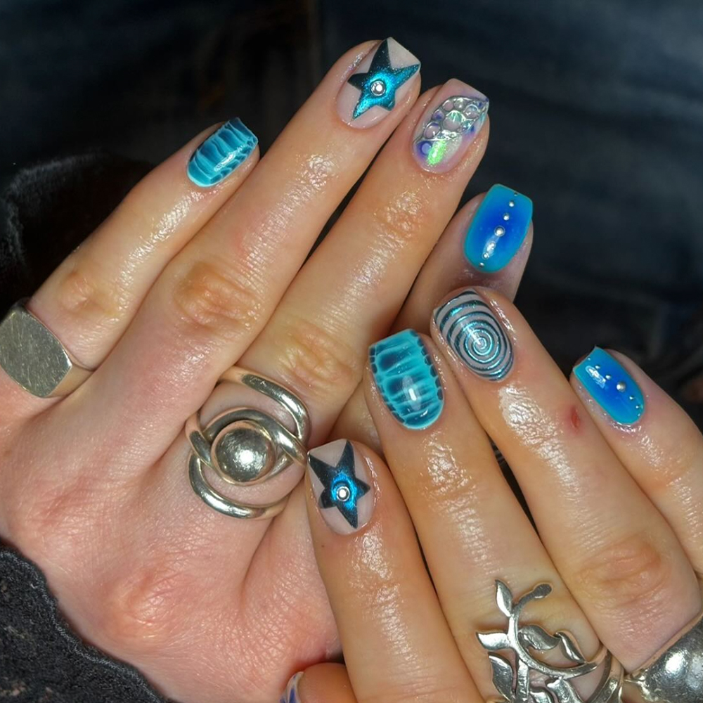 mismatched blue chrome nails