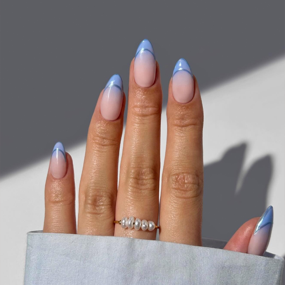 negative space blue french nails