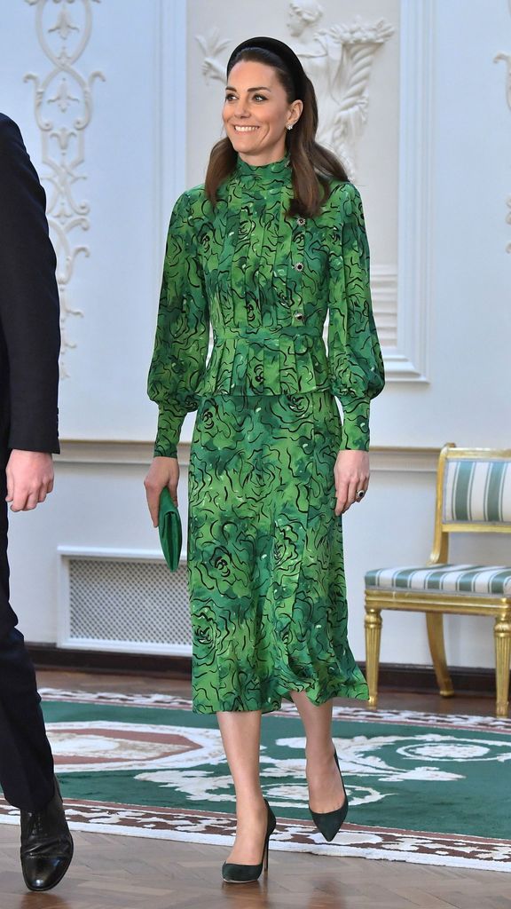 princess kate wearing a green dress and lk bennet bag inireland