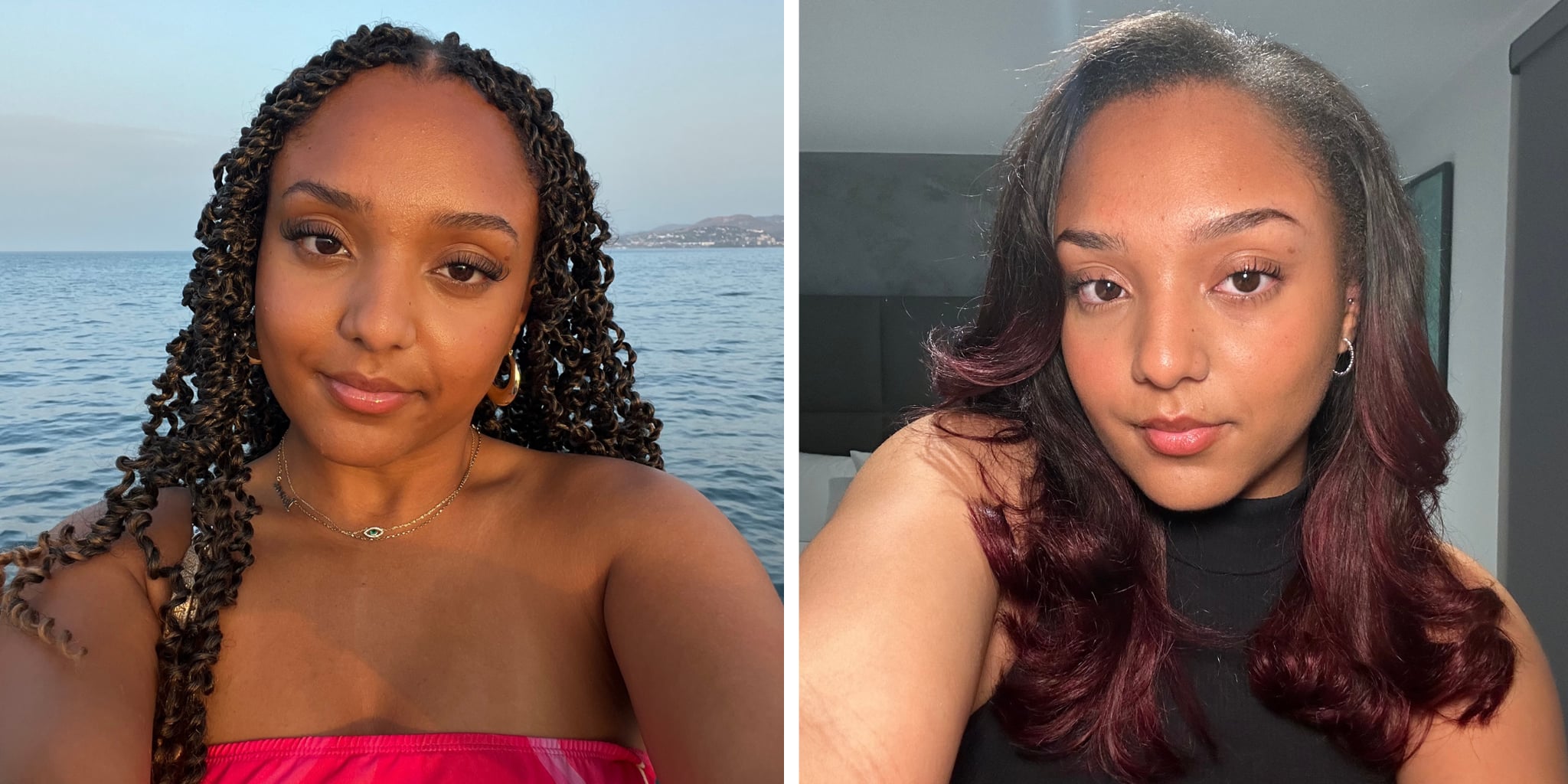 Two selfies of Lauren with her hair in passion twists on the left and with straight, cherry-dyed hair on the right