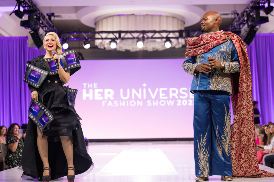 Ashley Eckstein and Michael James Scott host the 2023 Her Universe Fashion Show.