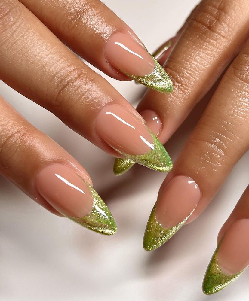 Glittering lime green French tips nails give 