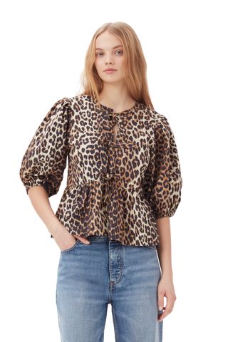 Leopard Cotton Poplin Peplum Tie Blouse