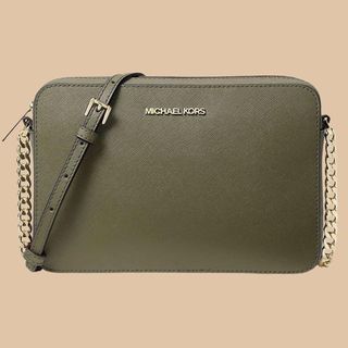 Flat Lay Michael Kors olive handbag