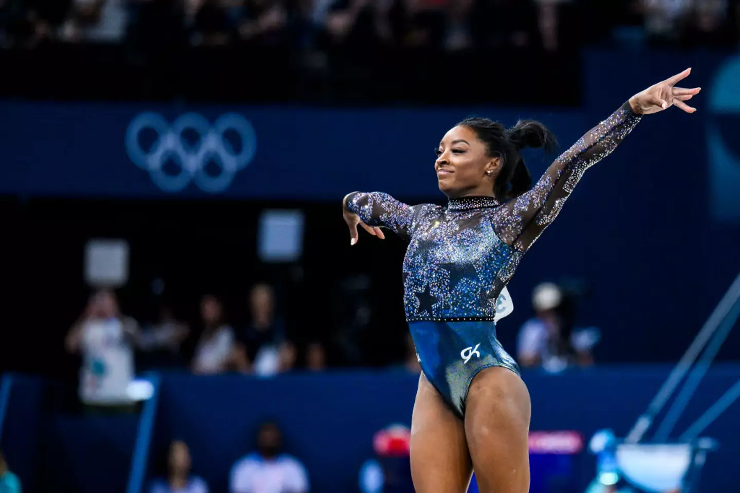 Simone Biles competing at the 2024 Paris Olympics. (Tom Weller/VOIGT/GettyImages)