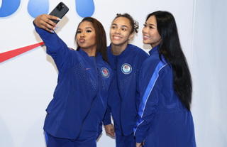 Jordan Chiles, Hezly Rivera and Sunisa Lee try on clothes at the Team USA Welcome Experience Ahead of Paris 2024 on July 22, 2024 in Paris, France.