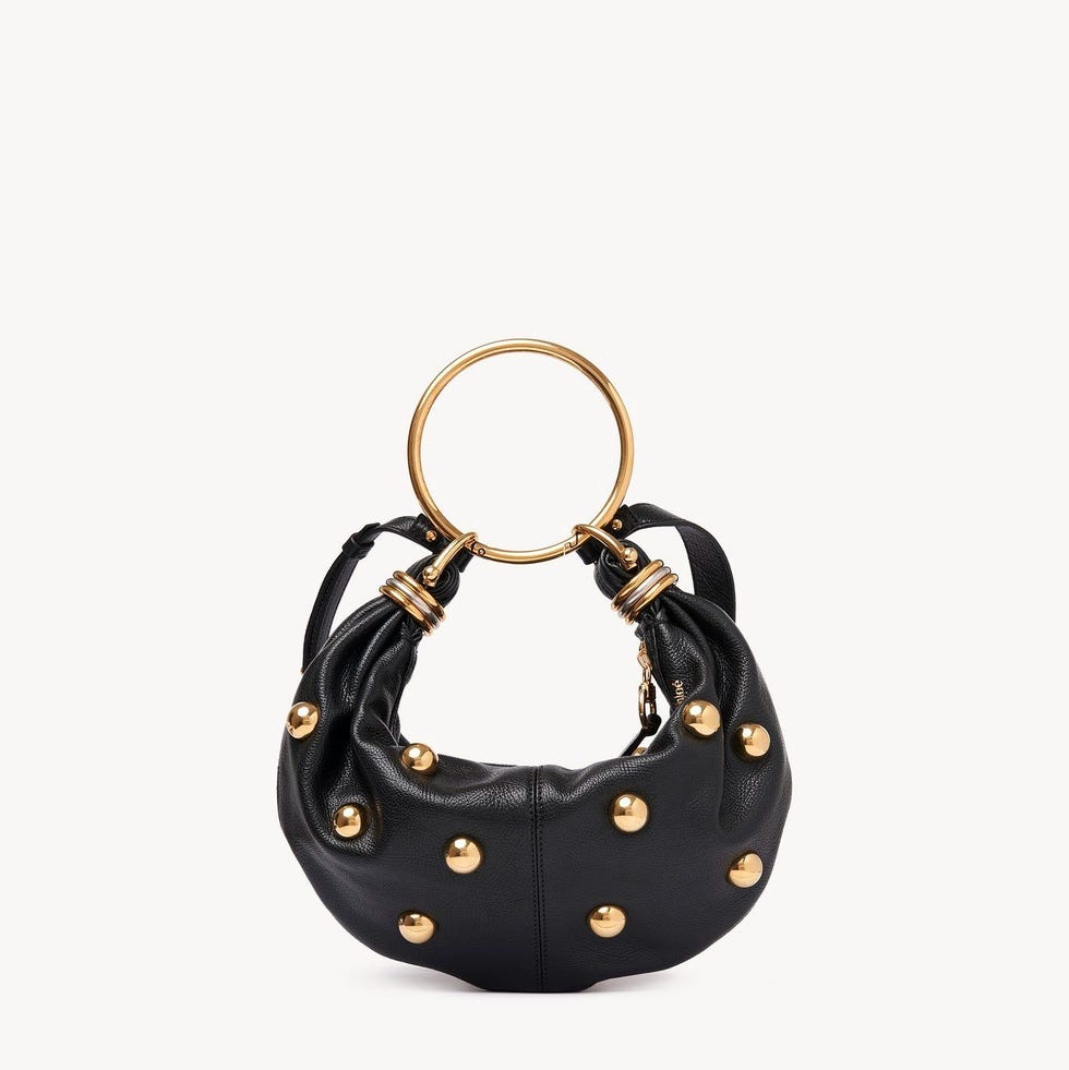 Small Bracelet hobo bag in grained leather with studs