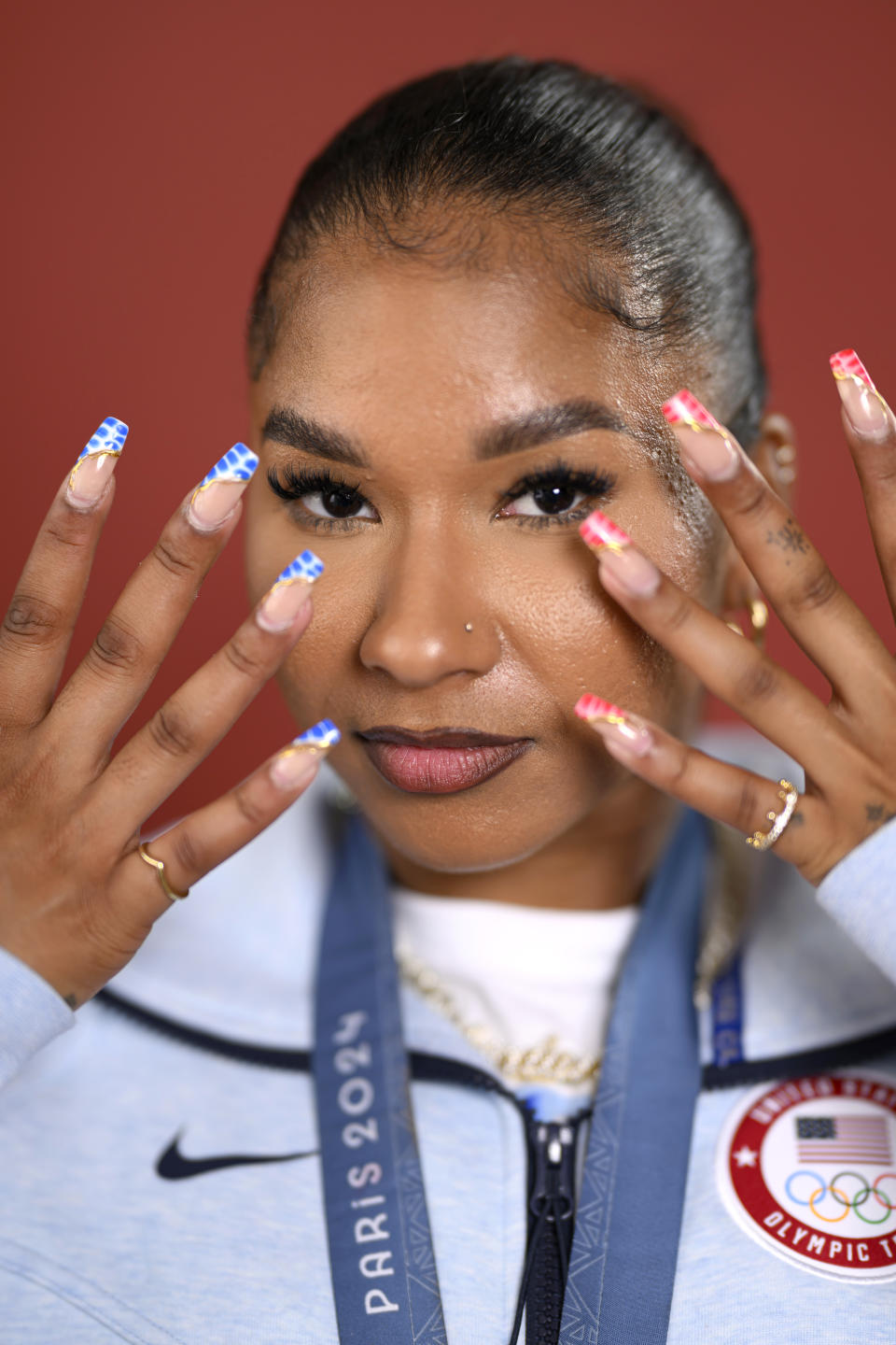 Jordan Chiles at the 2024 Paris Olympics on Aug. 2, nail art, manicure