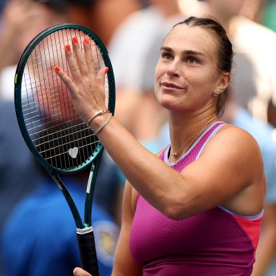 NEW YORK, NEW YORK - AUGUST 28: Aryna Sabalenka of Belarus celebrates after defeating Lucia Bronzetti of Italy during their Women's Singles Second Round match on Day Three of the 2024 US Open at USTA Billie Jean King National Tennis Center on August 28, 2024 in the Flushing neighborhood of the Queens borough of New York City. (Photo by Luke Hales/Getty Images)