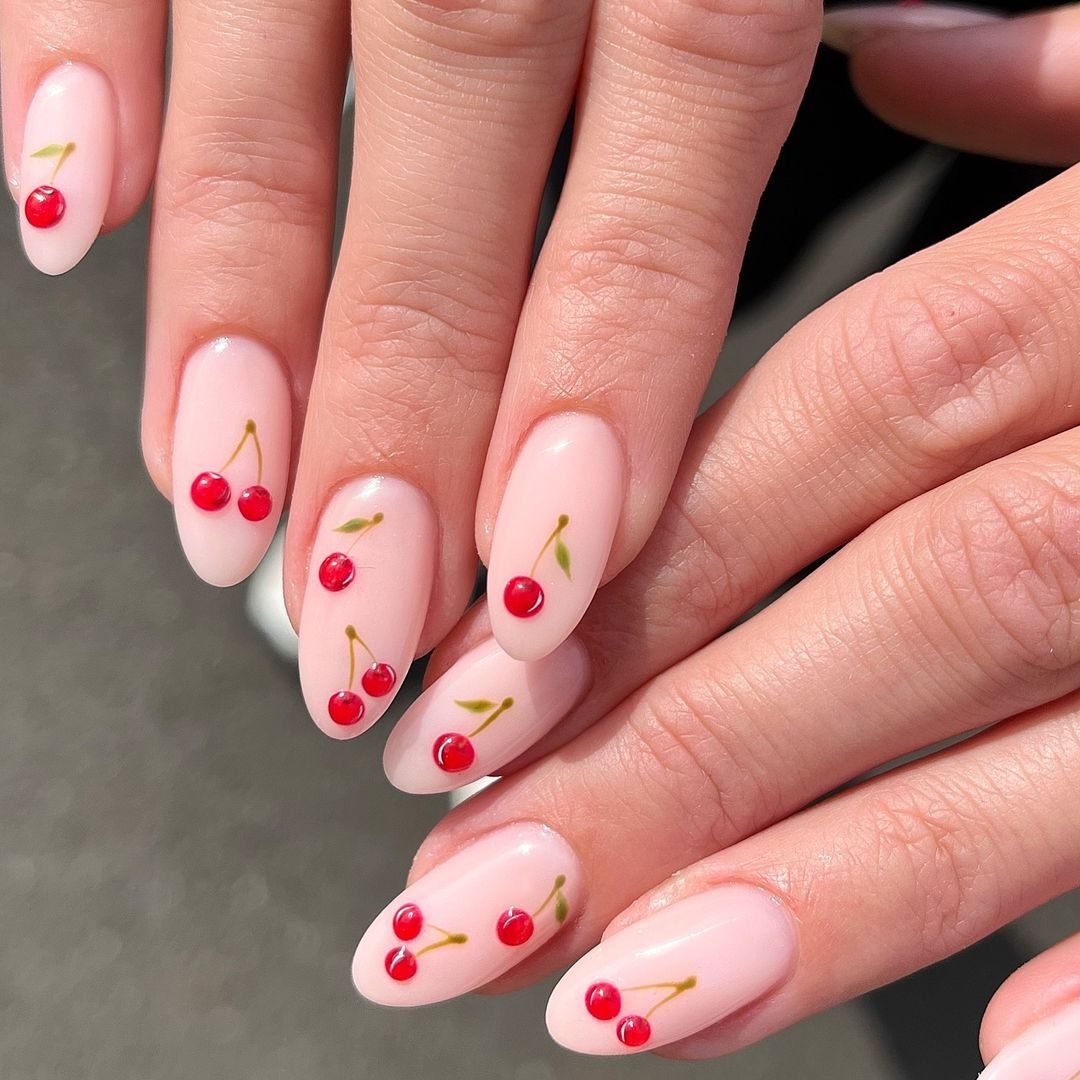 Pink nails with Cherry Design 