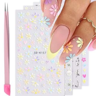 Votacos Flower Nail Art Stickers Decals 5d Embossed Nail Decals Spring Summer Daisy Nail Art Design Self-Adhesive Nail Supplies Accessories 3d Flower Nail Stickers for Women Nail Diy Decoration