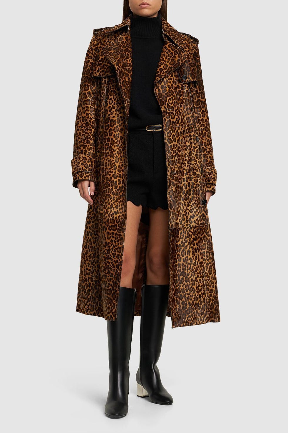 Belted Leo Print Ponyskin Trench Coat