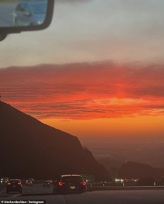 Kim also showed off her photography skills and added a golden hour snap of the Conejo Grade as she arrived in Camarillo, California