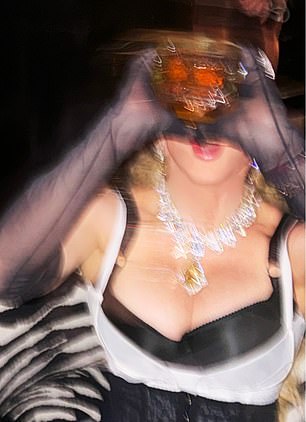 Madonna was snapped in blurry images as she drank the gin and enjoyed the party