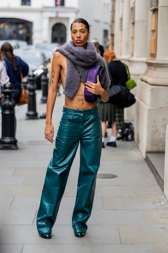 Kai-Isaiah Jamal wears wrapped scarf, green pantsoutside 16Arlington during London Fashion Week September 2024 on September 15, 2024 in London, England