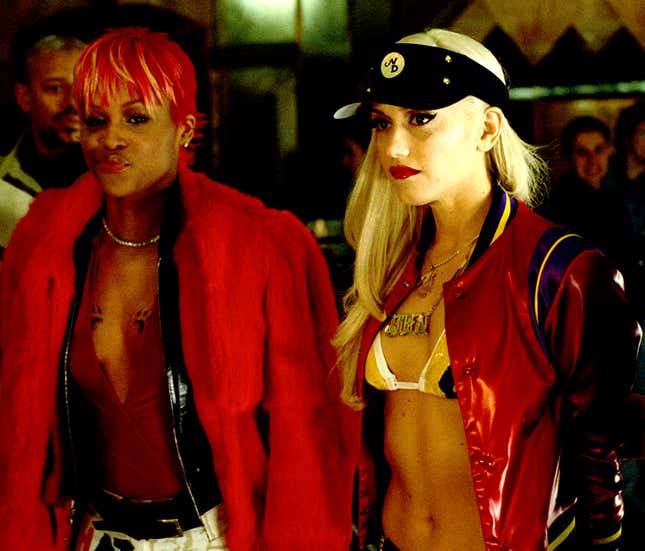 LOS ANGELES, CA - MARCH, 2001: American rapper, singer, songwriter, actress, television presenter, and talk show hostess and American singer and songwriter Gwen Stefani pose on the set of their video “Let Me Blow Ya Mind” circa March, 2001 in Los Angeles, California. 