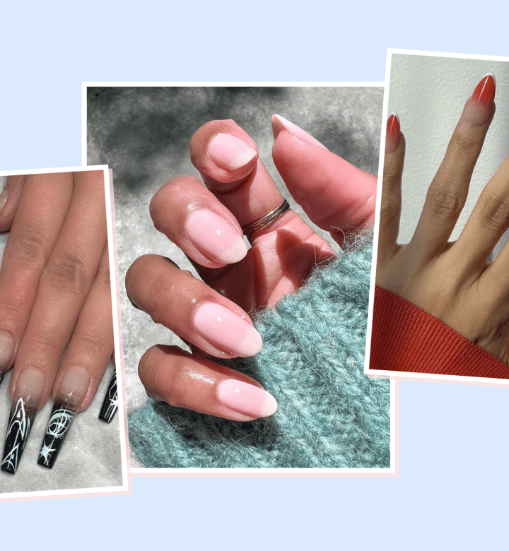 a collage of french ombre nails with blue background